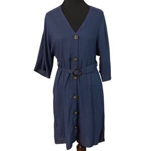 Everly Blue Button Front Belted Midi Dress‎ Rayon V Neck Size M Career Casual